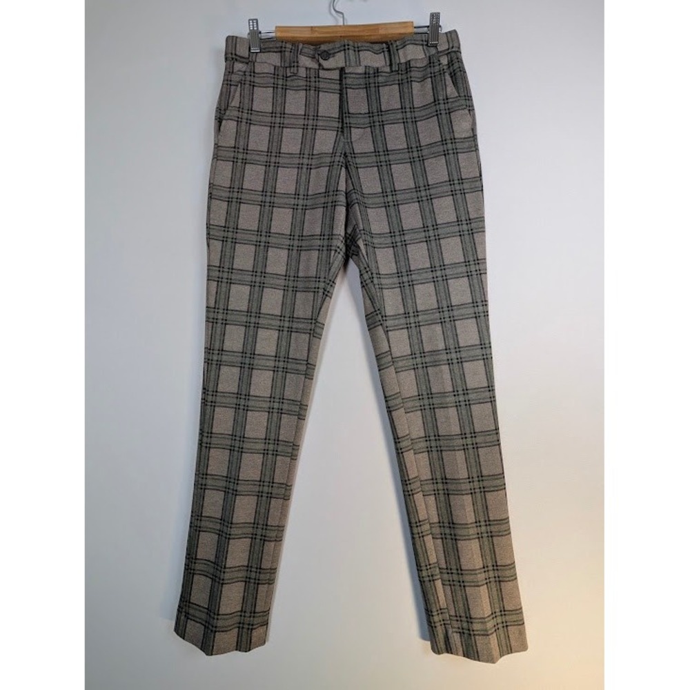 Barabas Plaid Trousers Mens 30 (FITS 32x31) Grey Green Slim Fit Expandable Waist